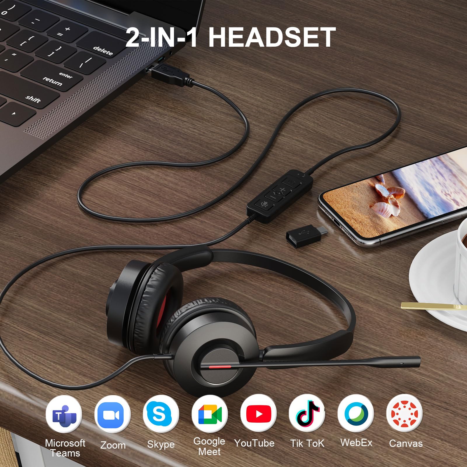 MAIRDI USB Headset with Microphone - Noise Cancelling PC Headset for Laptop, USB-A/USB-C Wired Computer Headset with Mute Button - Perfect for Business, Home Office, Call Centers, Teams, Zoom & Online Meetings (Comfortable Over-Ear Design)