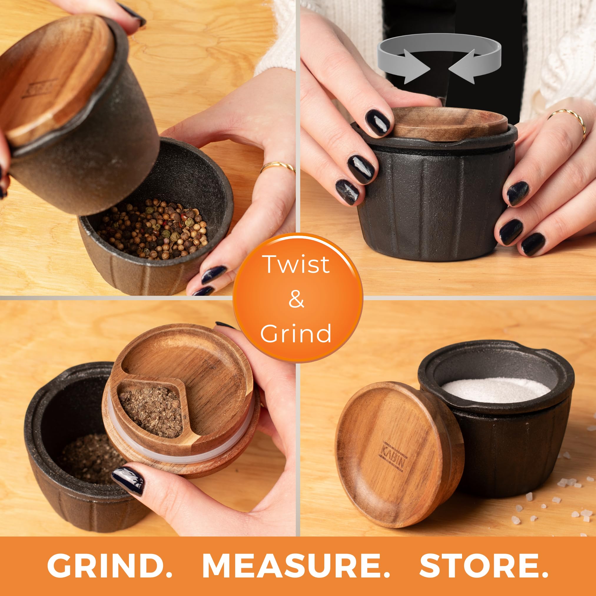 Premium KABIN Spice Mill & Cast Iron Mortar Pestle Set - Manual Pepper Grinder, Herb Crusher for Fresh Spices - Durable Molcajete Bowl for Grinding, Measuring & Storing - Perfect for Kitchen, Cooking & Seasoning Dishes