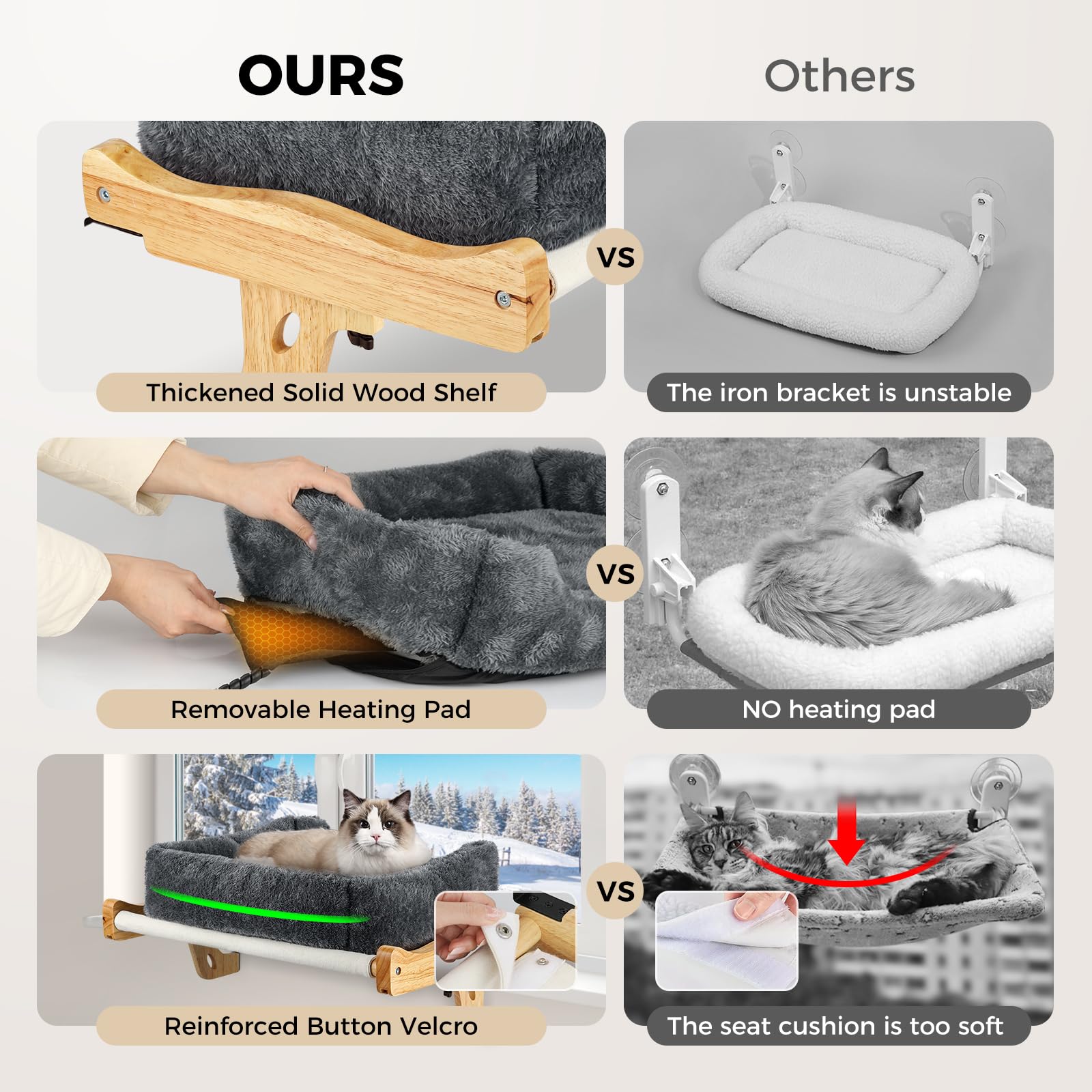 Warm Wooden Cat Window Perch with Removable Heating Pad - Adjustable 24H Timer Cat Hammock & Wide Cushion - Easy Clean Cat Bed for Windowsill, Bedside, Desk (Perfect for Winter Napping & Sunny Lounging)