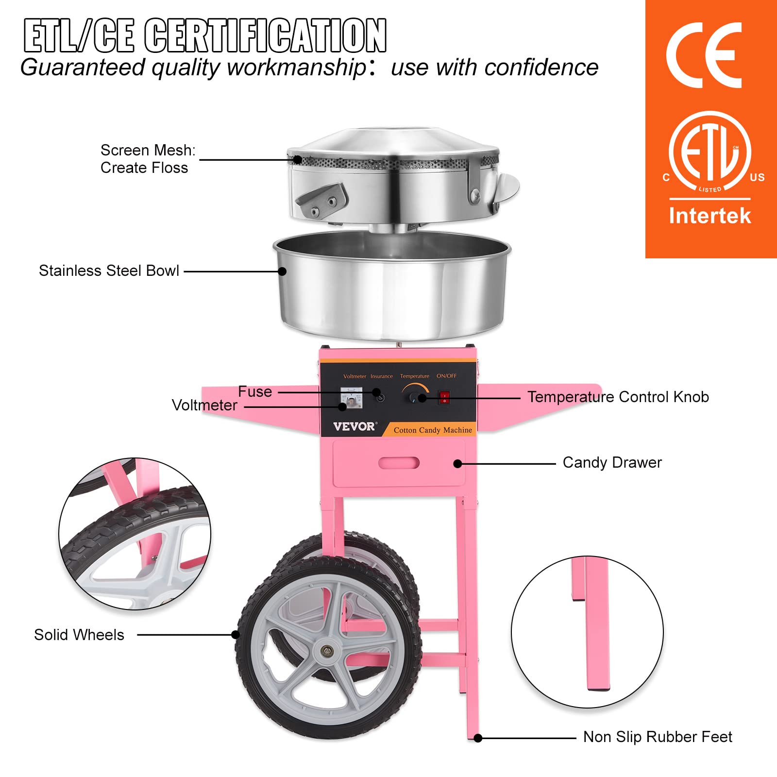 VBENLEM Commercial Cotton Candy Machine with Cart - Electric Candy Floss Maker with Stainless Steel Bowl, Sugar Scoop & Storage Drawer - Perfect for Birthday Parties, Carnival Events, and Home Use (Pink)