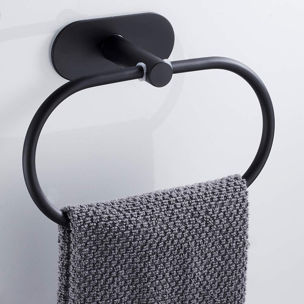 Stainless Steel Self-Adhesive Wall Mounted Oval Towel Ring - No Drill Black Bathroom Towel Holder for Shower, Spa & Bathroom Organization - Highly Polished Chrome Finish