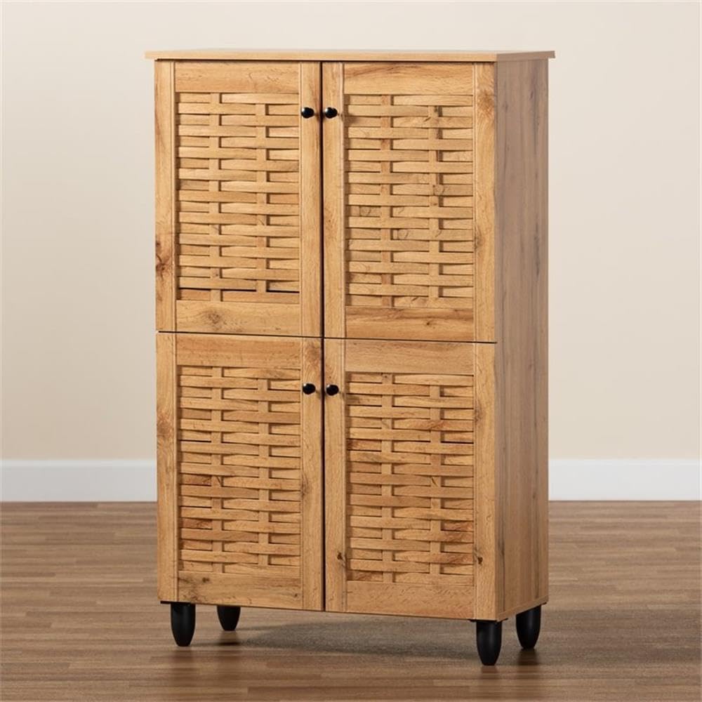 Baxton Studio Winda Modern 4-Door Shoe Storage Cabinet - Solid Oak Wood with Brown Finish for Entryway, Closet & Bedroom Organization