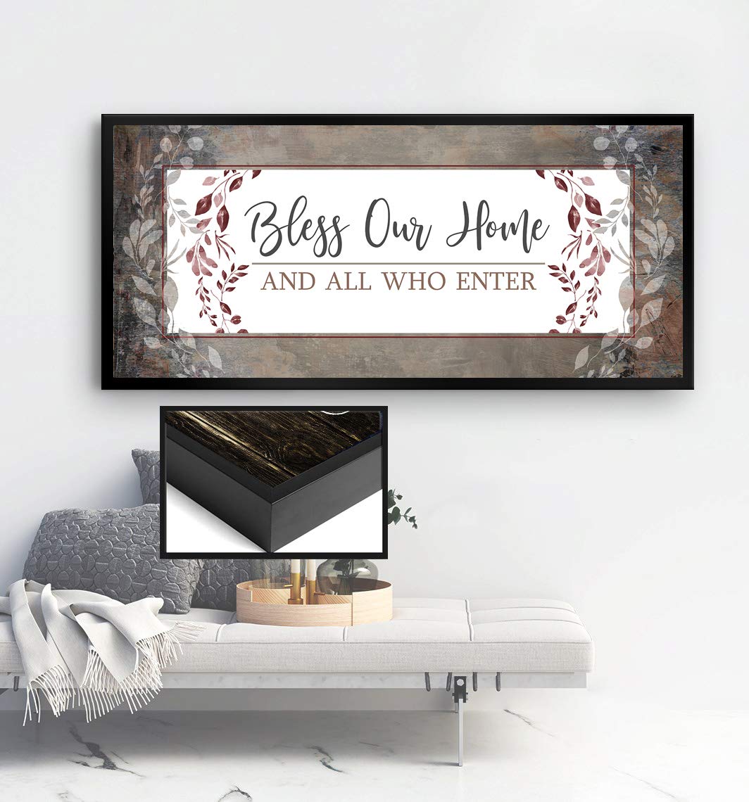 Bless Our Home Sign - Large Canvas Wall Art with Floating Frame (42x19) - Housewarming Gift, Front Door Decor, Entryway & Living Room Wall Decor - Perfect for New Home, Wedding & Holiday Decorations