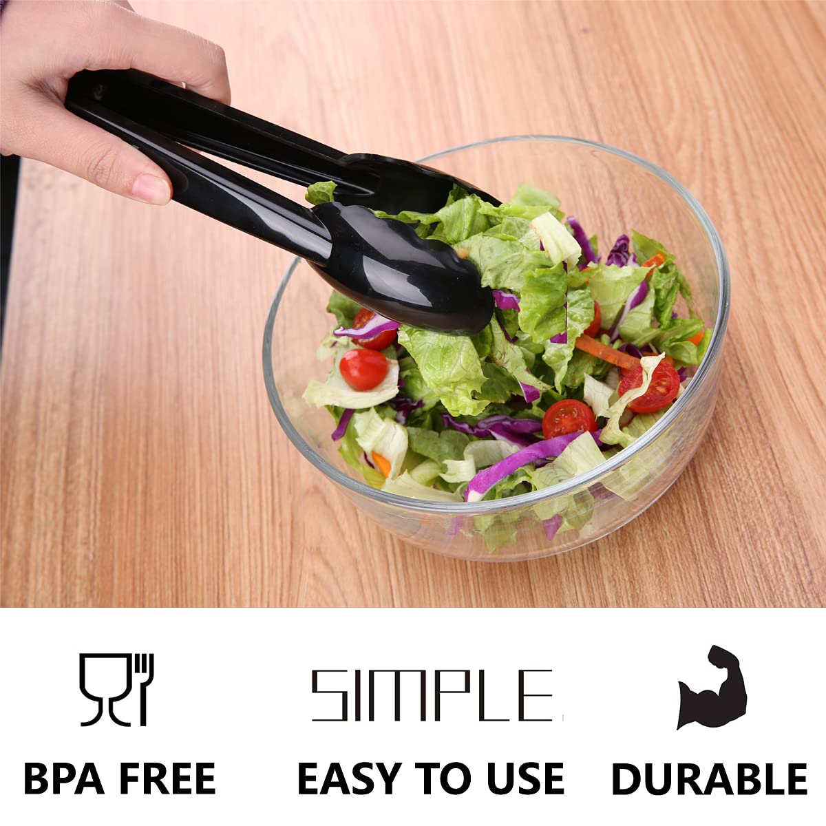 Heavy Duty 9-Inch Plastic Tongs for Kitchen - 12-Piece Disposable Utensil Set with Scalloped Design - Food Safe Salad Serving Tongs - Perfect for Buffets, BBQ, Parties & Outdoor Dining (Black)