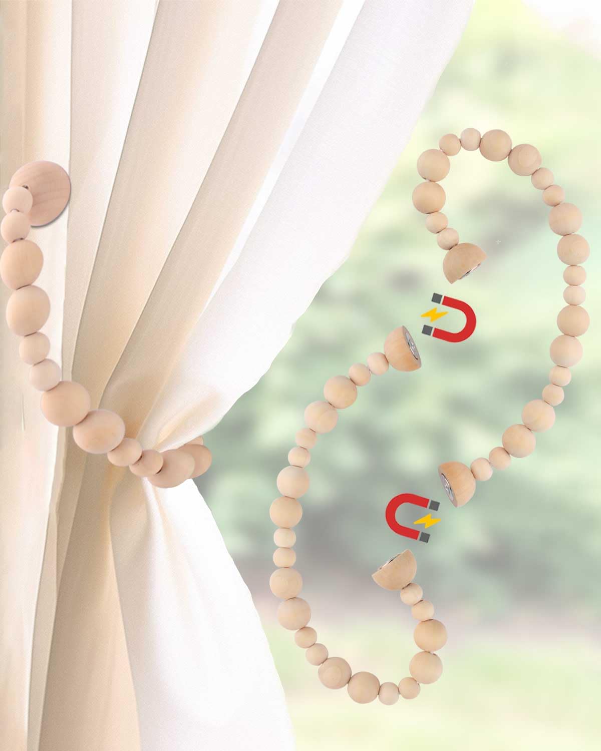 Magnetic Wood Bead Curtain Tiebacks - Strong Hold with Powerful Magnets - Boho Chic Home Decor for Bedroom, Living Room & Nursery - 2 Pack Natural Wood Tiebacks for Curtains & Drapes - Perfect for Window Treatments & Room Dividers