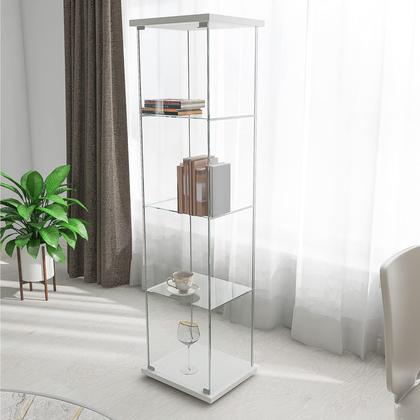 4-Shelf Glass Door Display Cabinet - White Floor Standing Bookshelf for Books, Toys & Collectibles | Perfect for Living Room, Bedroom & Office Decor