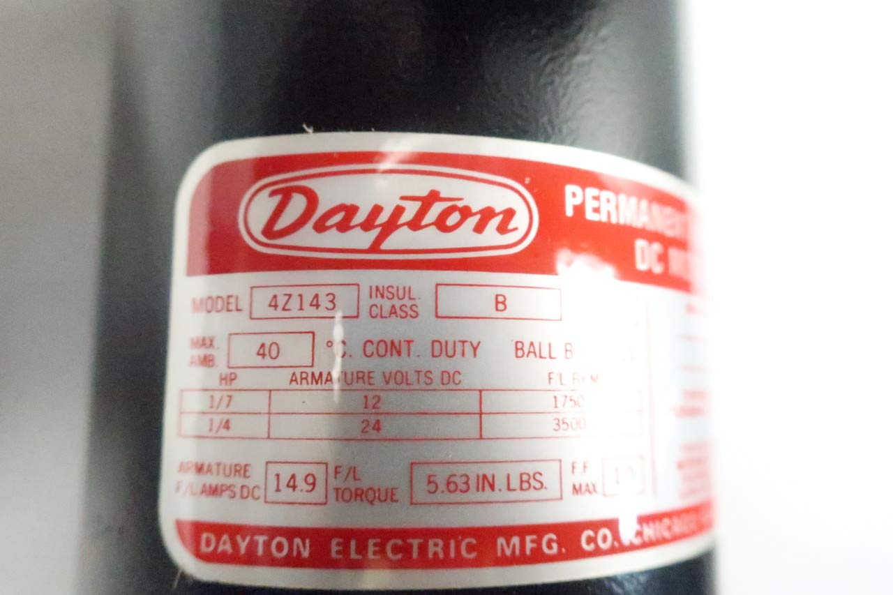 DAYTON 4Z143 Permanent Magnet DC Motor 1/7HP 1/4HP 1750/3500RPM 12V/24V DC - High Performance Industrial Motor for Conveyors, Pumps & HVAC Systems