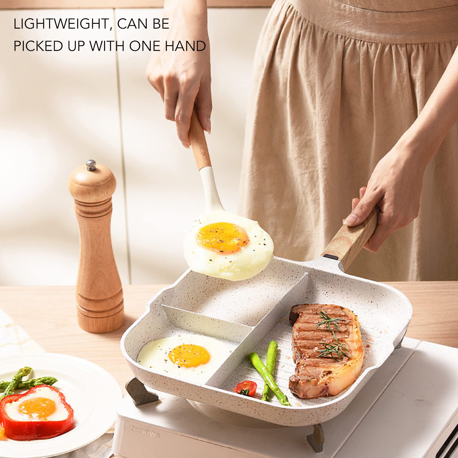 Nonstick 3-in-1 Divided Breakfast Pan - Egg, Bacon & Burger Skillet with 3 Compartments | Lightweight Multi-Functional Griddle for Perfect Pancakes, Omelets & Sandwiches | Ideal for Camping, RV Trips & Quick Breakfasts