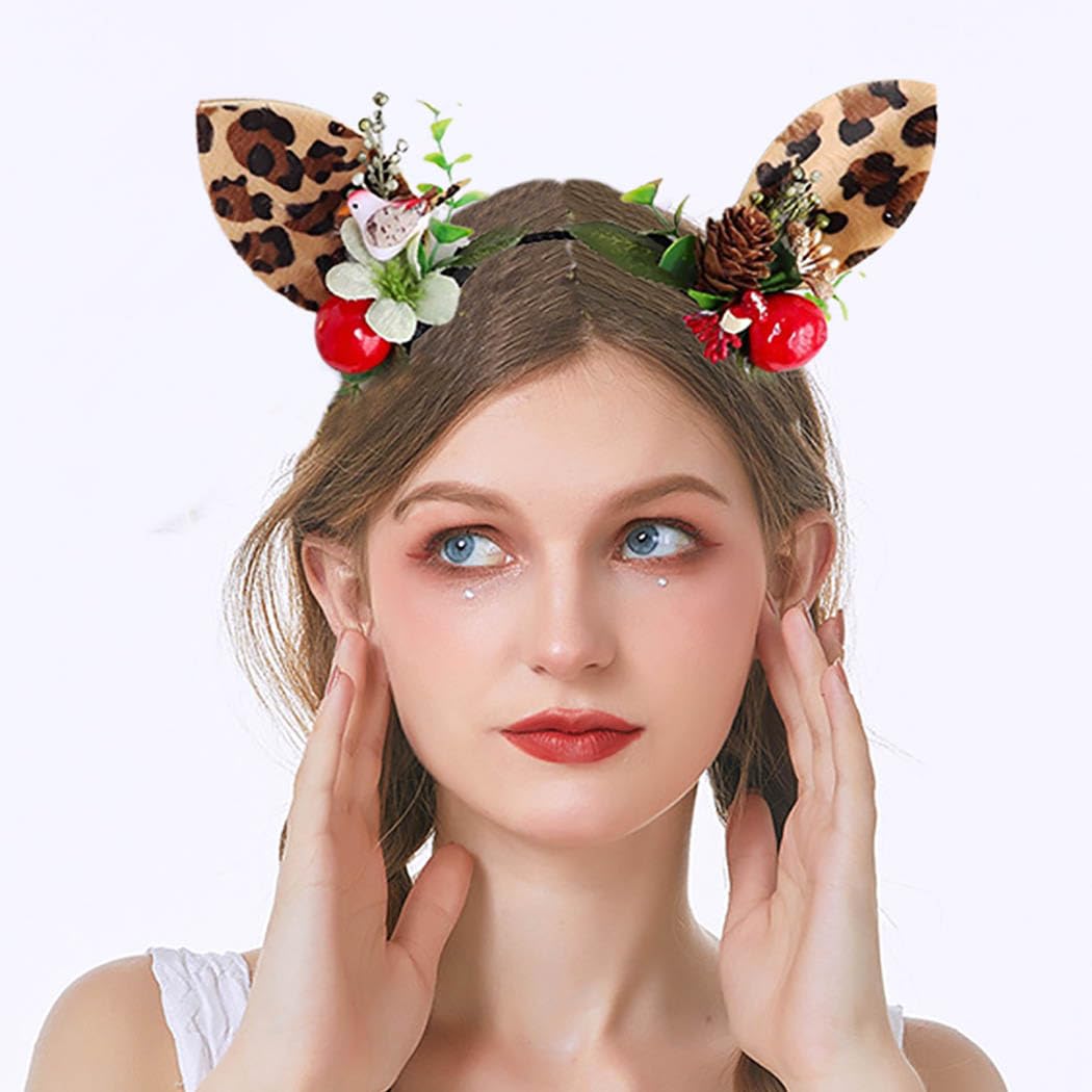 Leopard Print Headbands with Brown Deer Hair Hoop - Reindeer Antlers Hair Accessories for Women | Halloween Costume Party, Christmas Theme Events & Cosplay