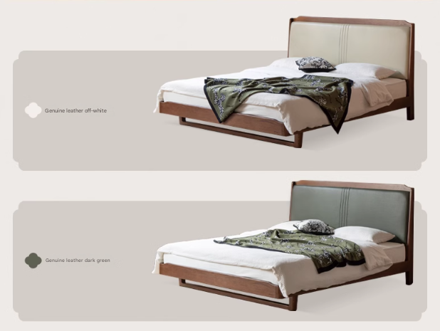 Solid Oak Wood Leather Upholstered Soft Bed - Queen Size Bed Frame with Tufted Headboard for Bedroom, Guest Room & Master Suite