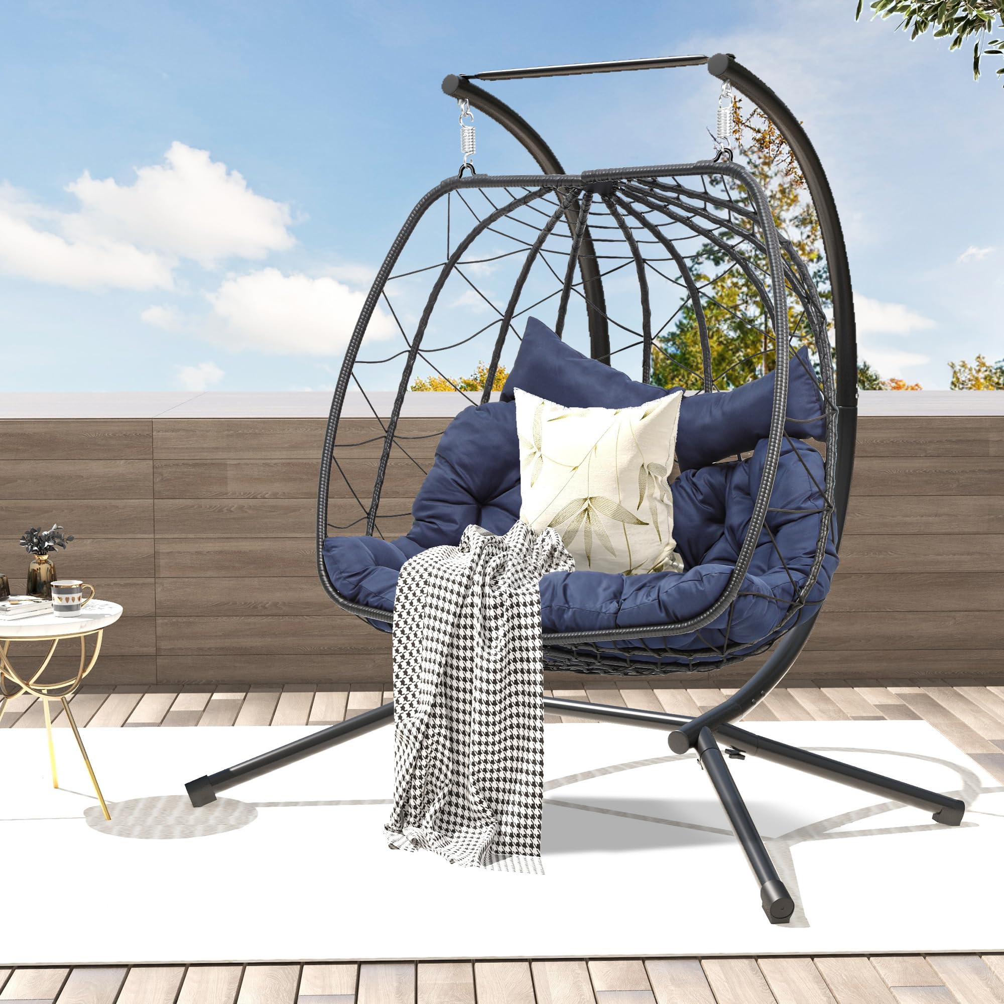 DWVO Double Egg Hanging Swing Chair with Stand - 500lbs Capacity Wicker Egg Chair for Indoor & Outdoor Use - Includes Cushions for Patio, Bedroom, Garden, Balcony - Perfect for Relaxing, Reading & Lounging (Blue)