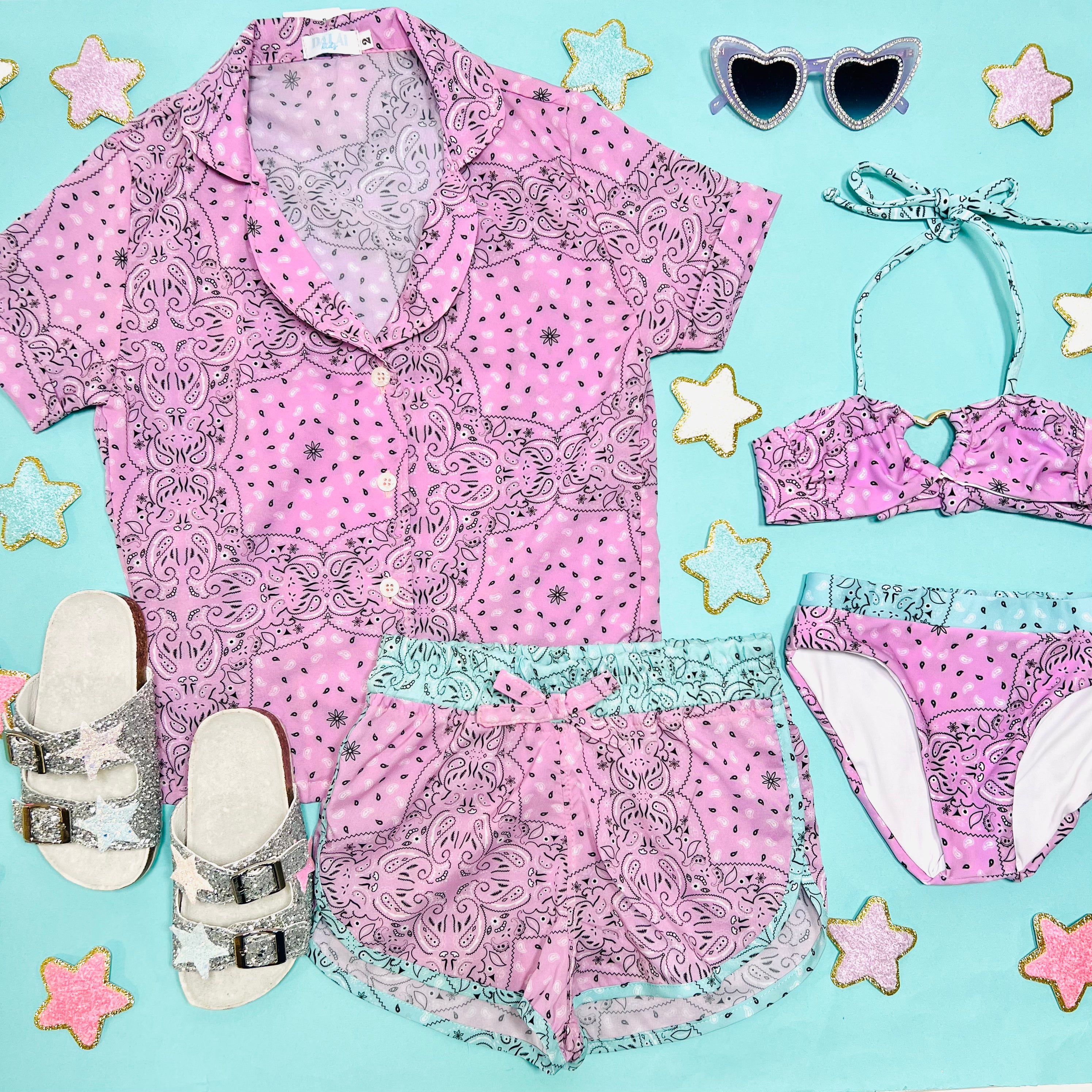Stylish Bandana Print Button Down Top & Shorts Set - Women's Casual Summer Outfit for Beach, Pool, and Vacation Cover Up