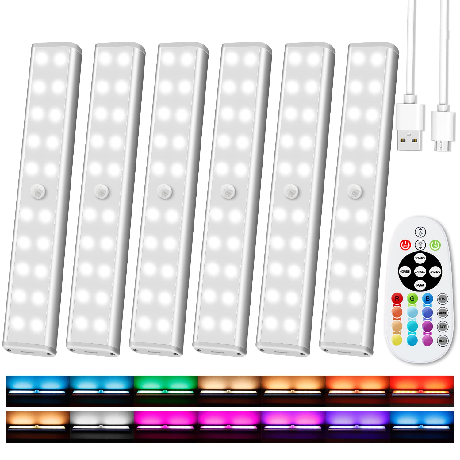 48 LED Rechargeable Under Cabinet Lights with Remote - Dimmable RGB Kitchen Counter & Closet Lighting, 15 Color Changing LED Bar Lights for Shelf, Car, Hallway (6 Pack) - Perfect for Home Kitchen, Garage, Display Cabinets & Mood Lighting