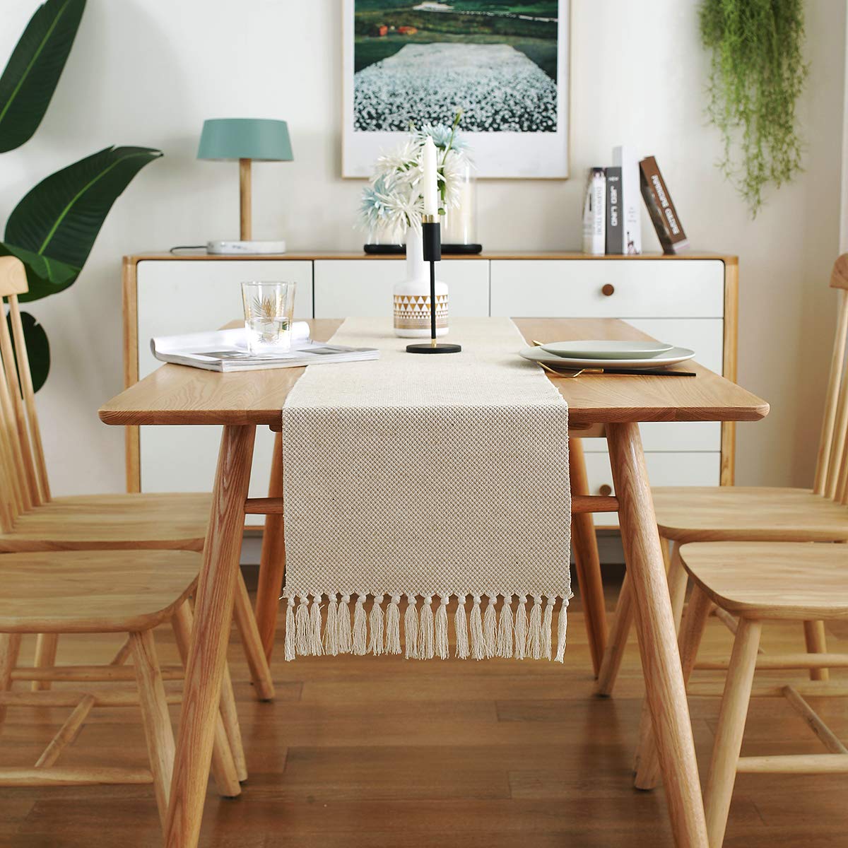 13 x 72 Inch Fall Farmhouse Cotton Linen Table Runner with Handcrafted Tassels - Rustic Jute Burlap Dining Table Decor for Thanksgiving, Christmas, Wedding & Home Decoration - Waffle Weave Design