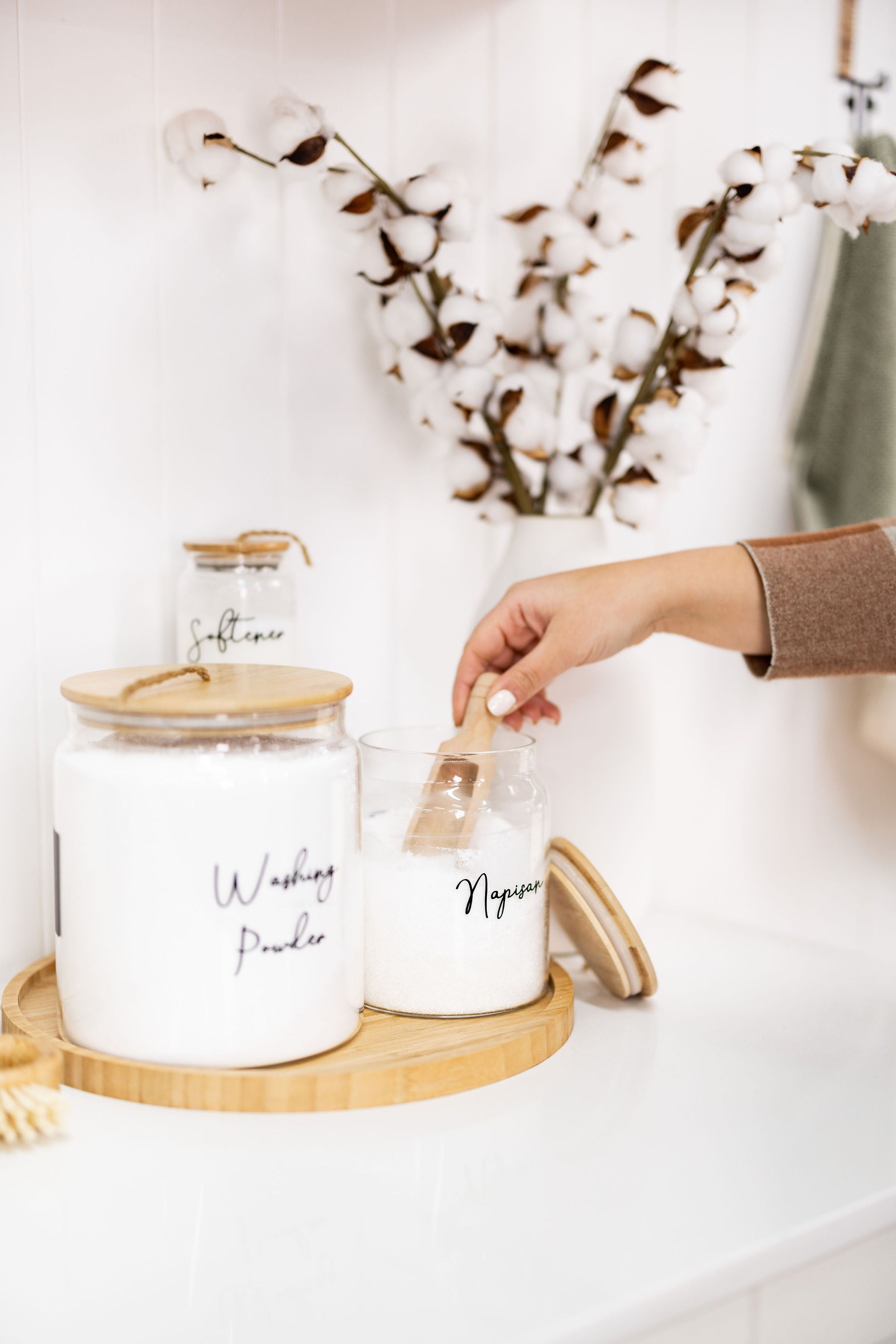 Eco-Friendly 5-Piece Bamboo and Glass Laundry Set with Liquid Jar - Perfect for Sustainable Home Organization & Zero-Waste Living