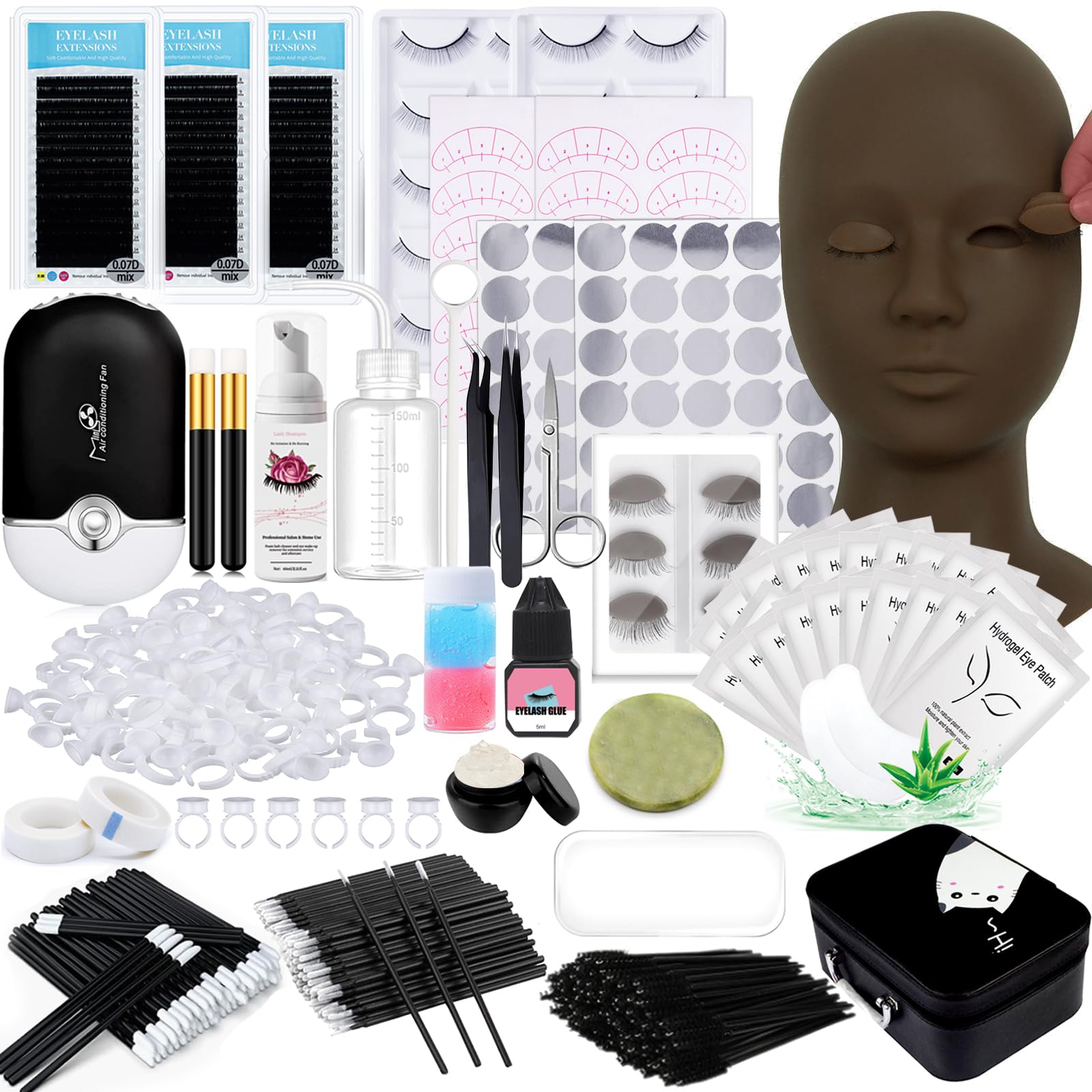 Professional Eyelash Extension Kit with Mannequin Head & Removable Eyelids - Includes USB Lash Fan, Individual Lashes, Shampoo Brush & Glue - Perfect for Beginners & Salon Training - At-Home & Professional Use
