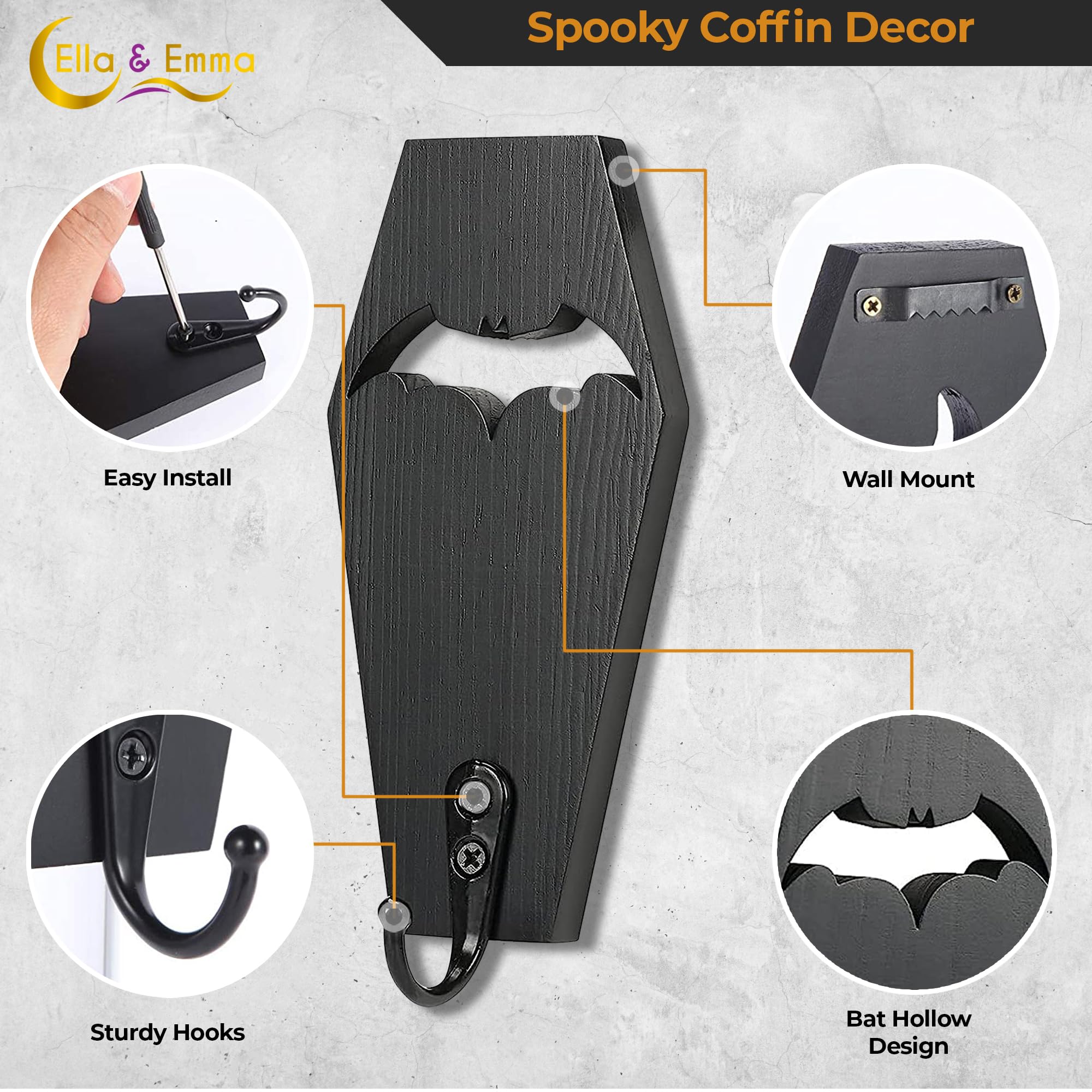 Ella & Emma Gothic Wall Mounted Coffin-Shaped Key Holder with Hook - Spooky Halloween Home Decor (2-Piece Set: Coffin & Bat) - Perfect for Entryway, Bedroom, or Halloween Party Decoration