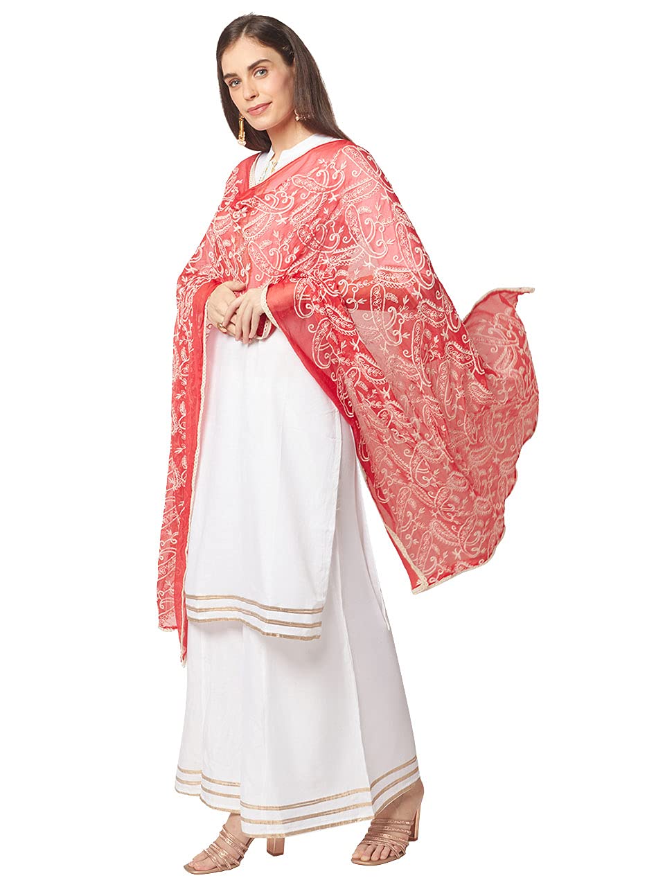 Elegant Red & White Embroidered Chiffon Dupatta Scarf for Women - Perfect for Weddings, Parties & Festive Occasions