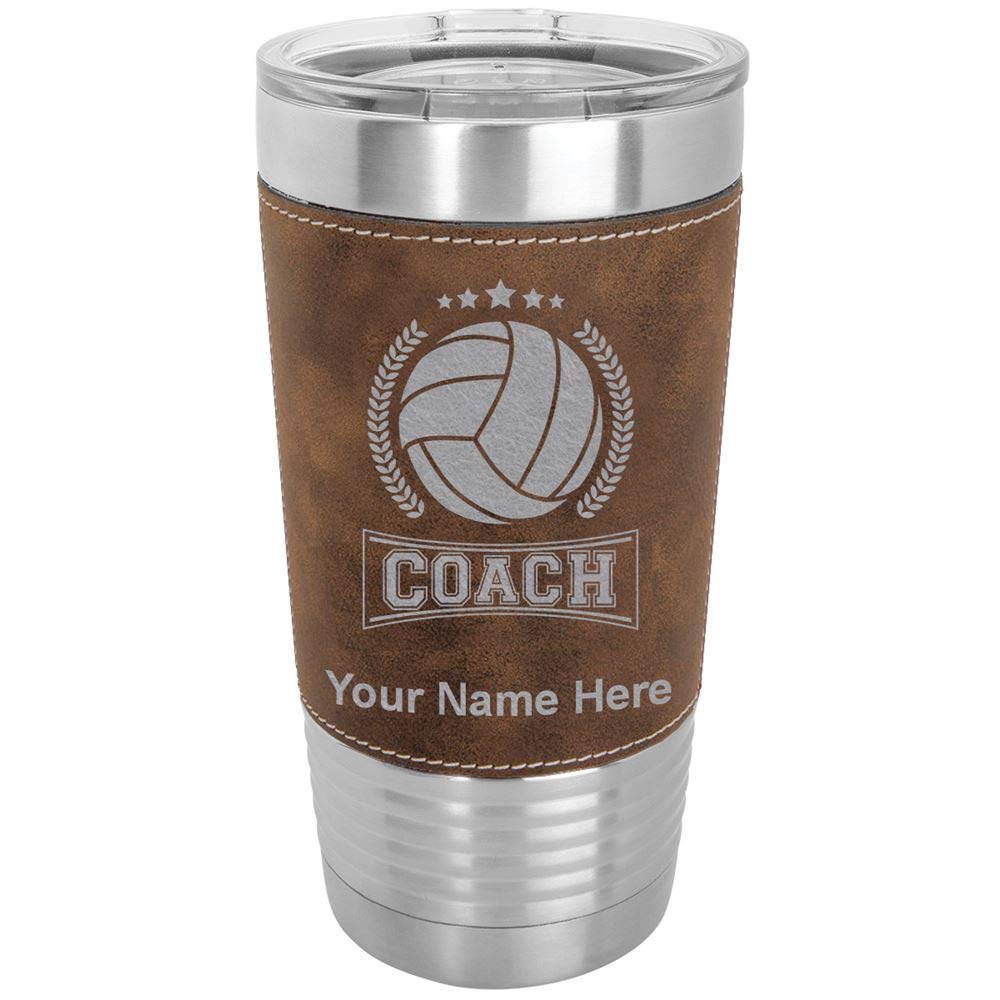 LaserGram 20oz Vacuum Insulated Stainless Steel Tumbler with Personalized Engraving - Custom Volleyball Coach Gift - Faux Leather & Rustic Finish - Perfect for Coffee, Tea & Cold Drinks at Games, Practice or Office
