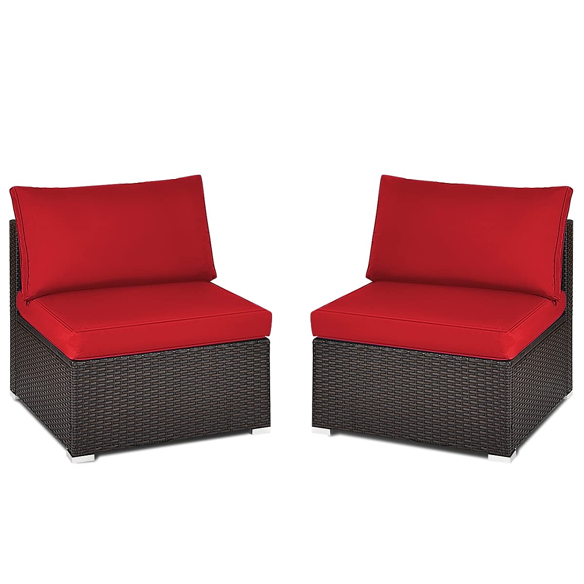 Tangkula 2-Piece Outdoor Wicker Armless Sofa Set with Thick Cushions - Patio Rattan Sectional Sofa for Garden, Balcony, Poolside - Includes 2 Seat & 2 Back Cushions (Red) | Perfect for Relaxing, Sunbathing & Outdoor Entertaining
