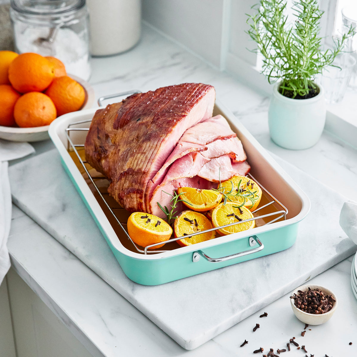 GreenLife Nonstick Ceramic Roaster with Stainless Steel Rack - Turquoise Color | Perfect for Roasting Chicken, Vegetables & Baking | Oven & Dishwasher Safe Cookware