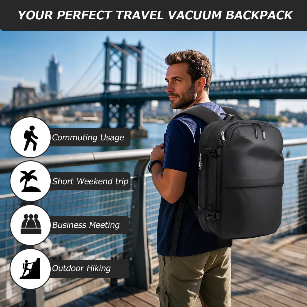 60L Expandable Air Vacuum Seal Travel Backpack with Pump - Water Resistant TSA Lock Laptop Backpack for Camping, Hiking & Business Trips