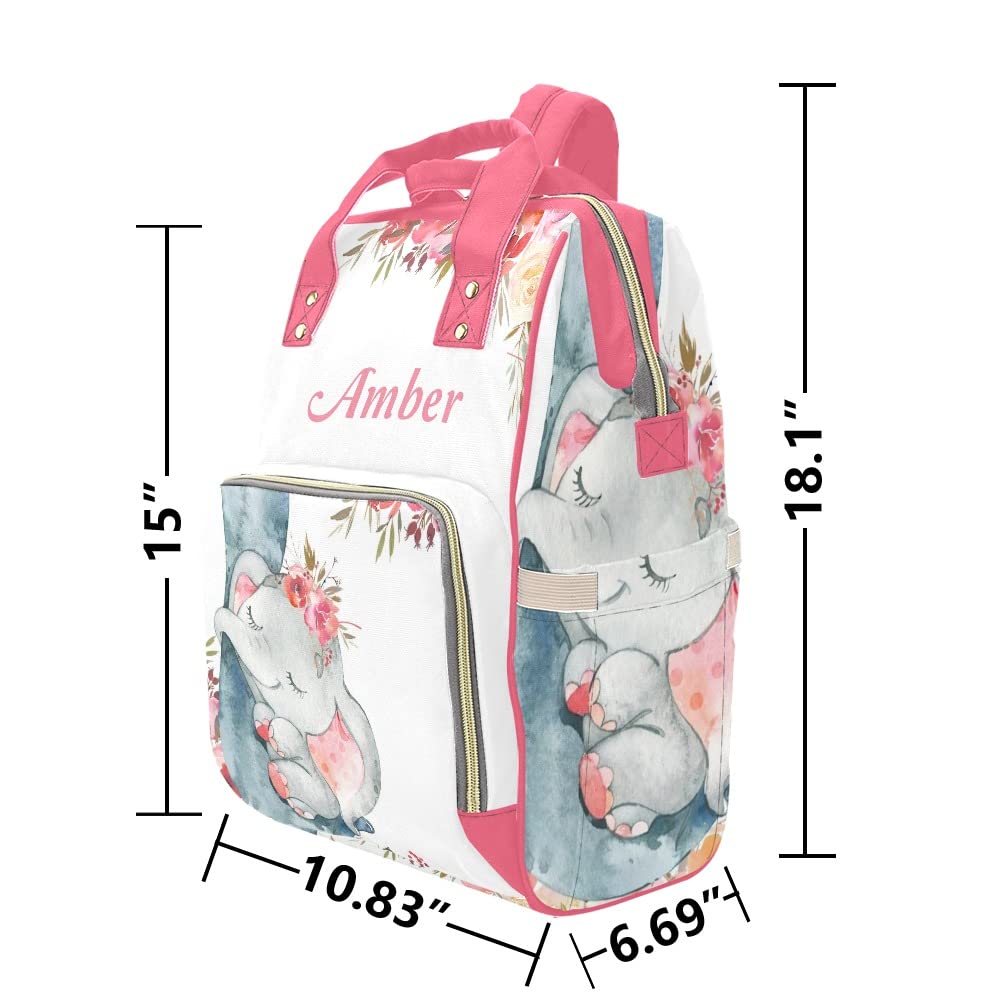 Personalized Elephant Red Flower Diaper Backpack - Waterproof Baby Nursing Travel Bag with Name Tag | Perfect Baby Shower Gift for New Moms | Ideal for Daycare, Park Outings & Family Trips