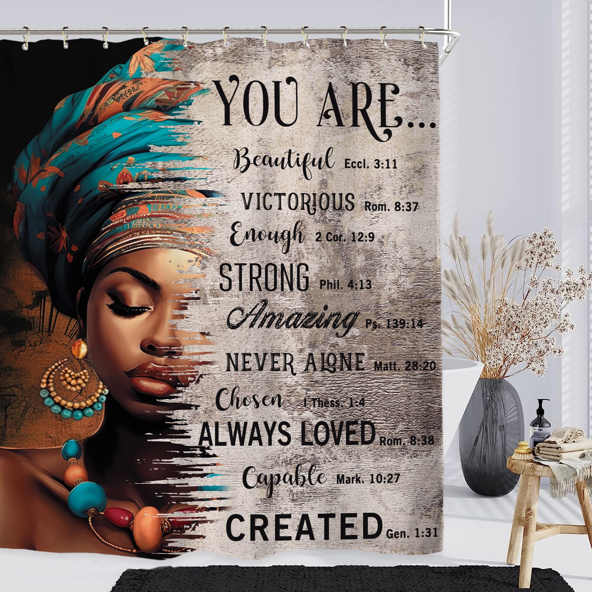 African American Inspirational Shower Curtain Set - 60x71 Inch Black Girl Bible Quotes, Waterproof Polyester Bathroom Decor with 12 Hooks - Perfect for Women's Home, Apartment & Dorm Room Decor