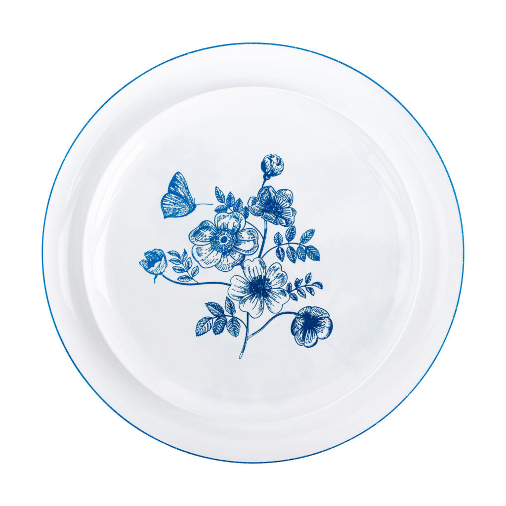 20-Piece White and Blue Round Plastic Dinnerware Set for 10 Guests - Elegant French Toile Design - Perfect for Outdoor Picnics, Garden Parties, and Casual Dining