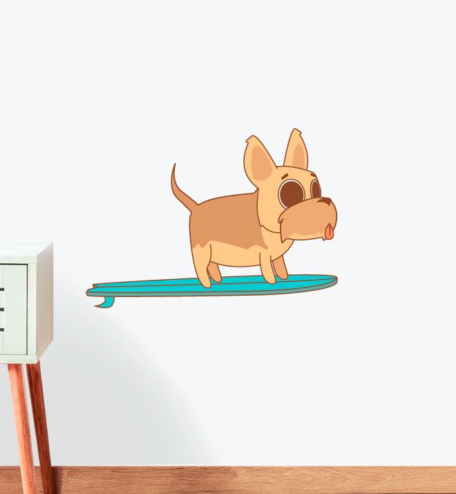 Brown Surfing Dog Wall Decal Sticker - Fun & Unique Surf Theme Vinyl Art for Kids' Rooms, Beach Houses & Pet Lovers - Perfect for Bedroom, Nursery, or Office Decor
