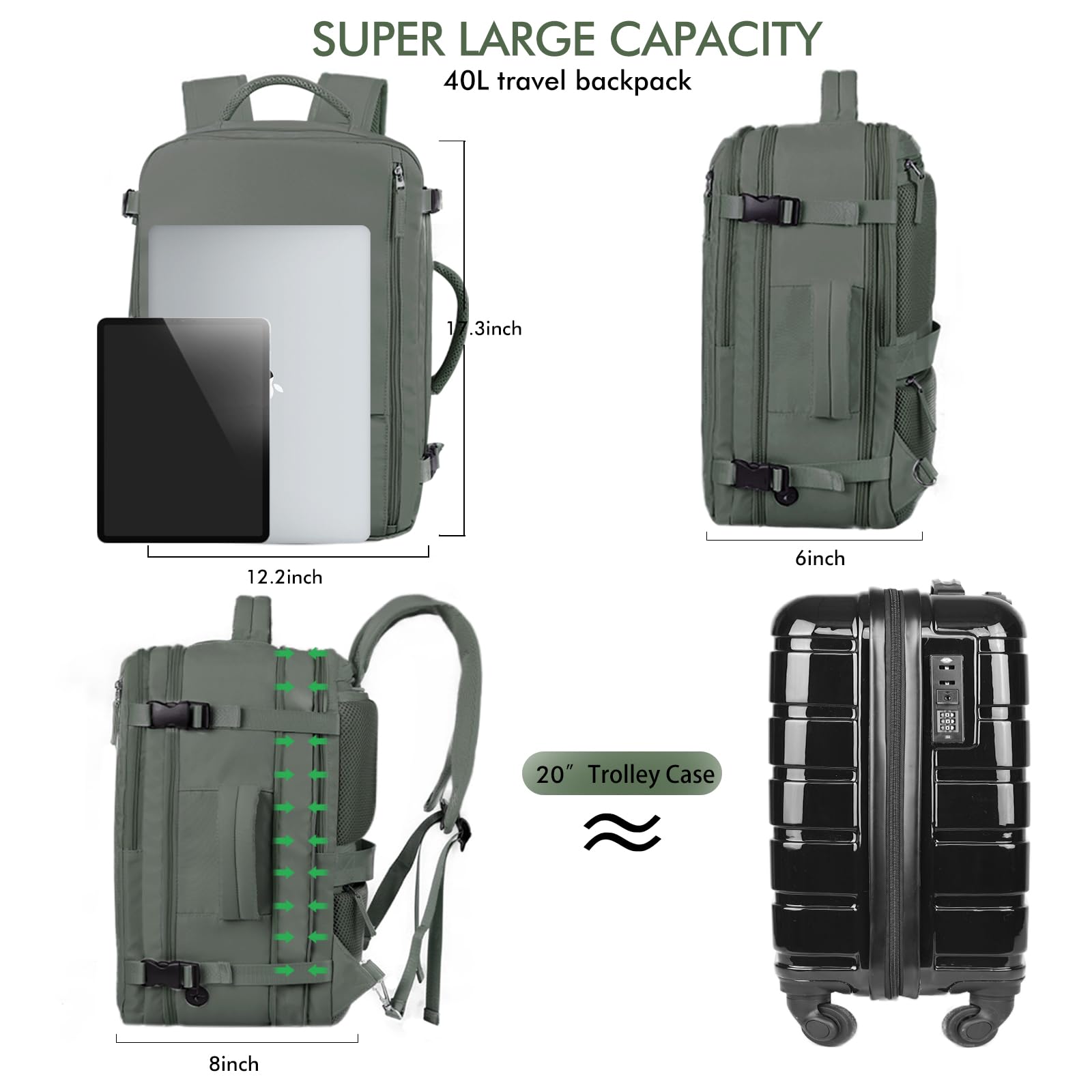 Beraliy 17.3 Inch Travel Backpack for Men & Women - Airline Approved Carry On Laptop Backpack with USB Charging Port - Lightweight Hiking & Overnight Backpack (Olive Green) - Perfect for Business Trips, College Students & Weekend Getaways
