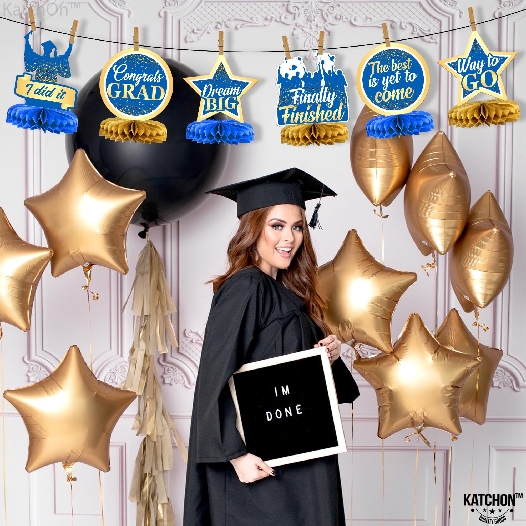 KatchOn 2025 Graduation Centerpieces - Pack of 9 Blue & Gold Honeycomb Decor for Tables | Class of 2025 Party Decorations | Perfect for Graduation Ceremonies, Banquets & Photo Backdrops
