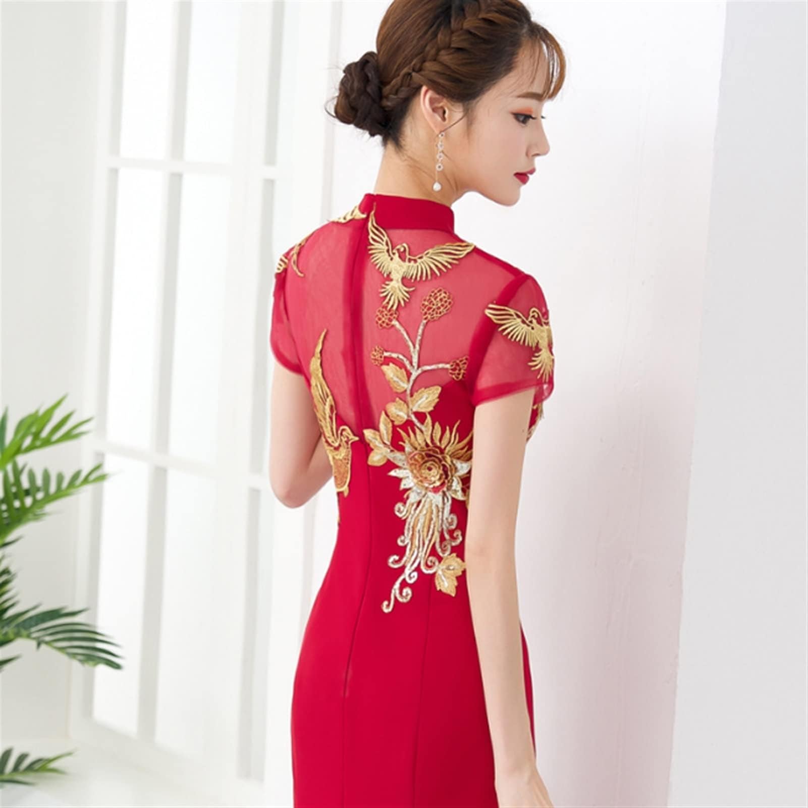 Elegant Red Traditional Chinese Qipao Wedding Dress - Embroidered Cheongsam Gown for Brides, Evening Party & Special Occasions (Red, XXL) | Perfect for Weddings, Cultural Events & Formal Gatherings