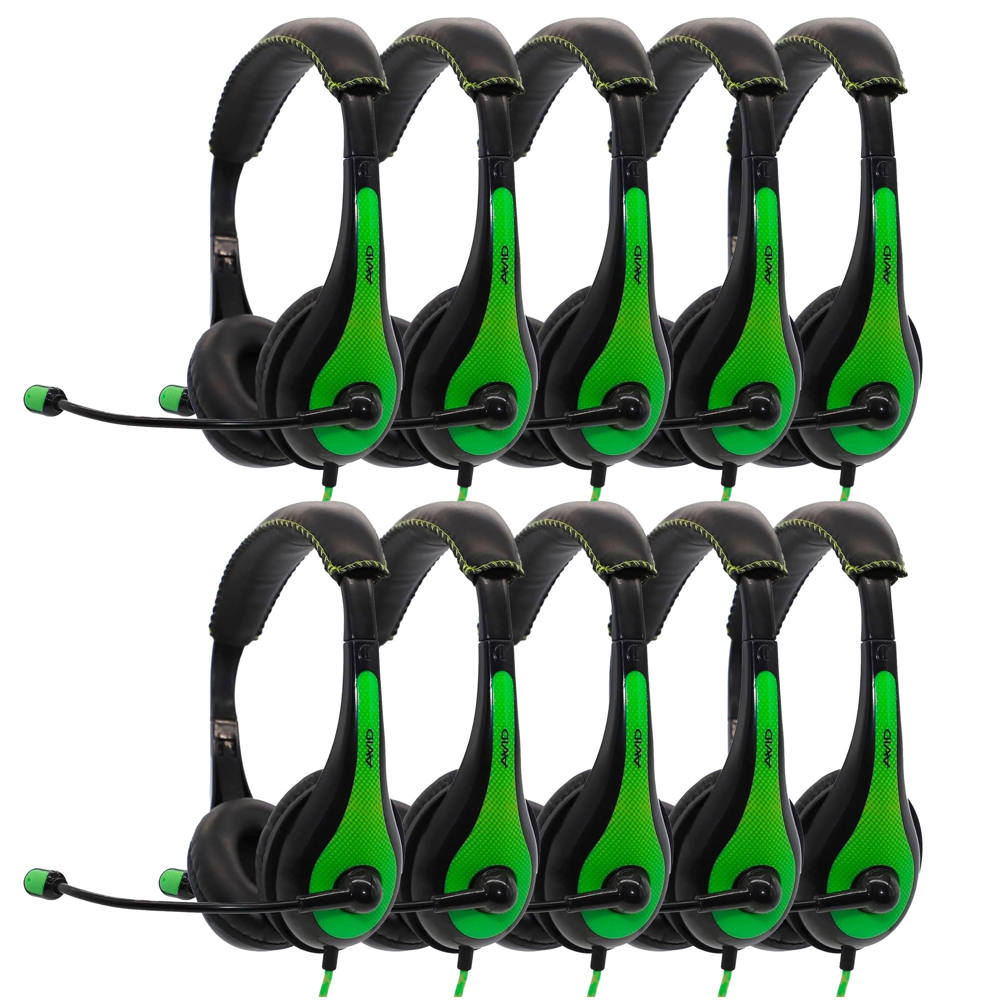 Avid AE-36 Professional Green On-Ear Stereo Headphones with Boom Mic - 10 Pack Bulk for Call Centers, Gaming, Online Classes & Remote Work