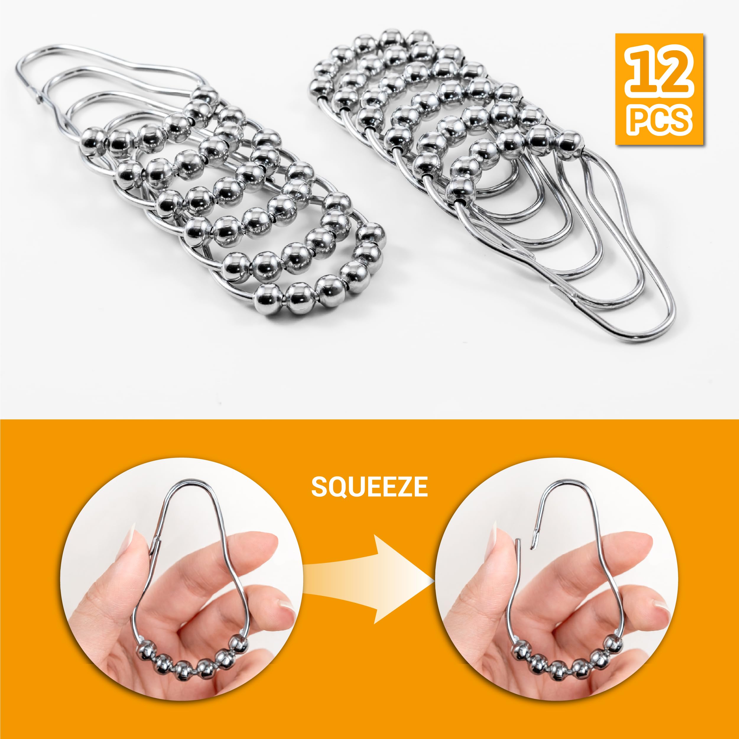 ikloo Stainless Steel Shower Curtain Hooks - 12 Pack Rustproof Chrome Bathroom Curtain Rings for Shower Rods | Durable Metal Hangers for Bath, Hotel & Home Decor