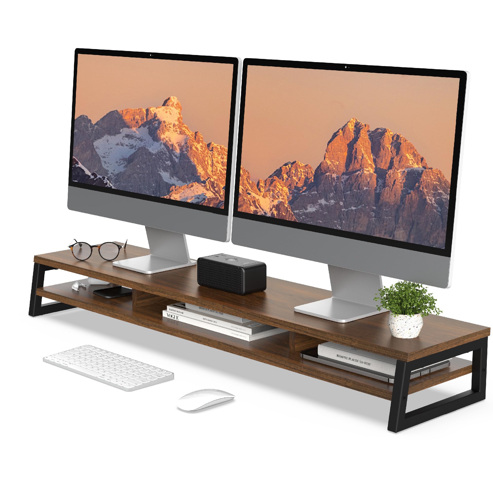 Dual Monitor Stand Riser for Desk - 42.5 Inch Large 2 Monitor Stand with 2 Tier Shelf, Computer Desk Organizer for Laptop, PC, Printer | Perfect for Home Office Setup & Workspace Organization