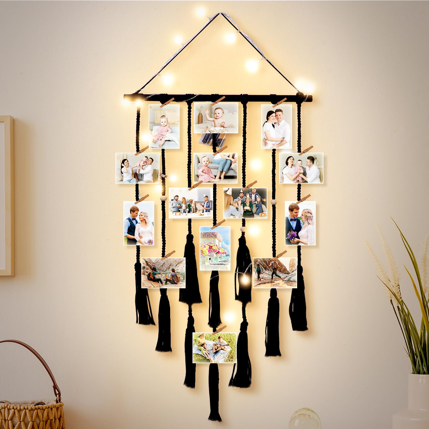 Popotop Hanging Photo Display with Clips - Boho Wall Decor for Bedroom, Nursery & Dorm - LED String Lights - Perfect Gift for Teens, Girls, Kids (Christmas, Birthday) - Display Memories, Photos & Polaroids in Style