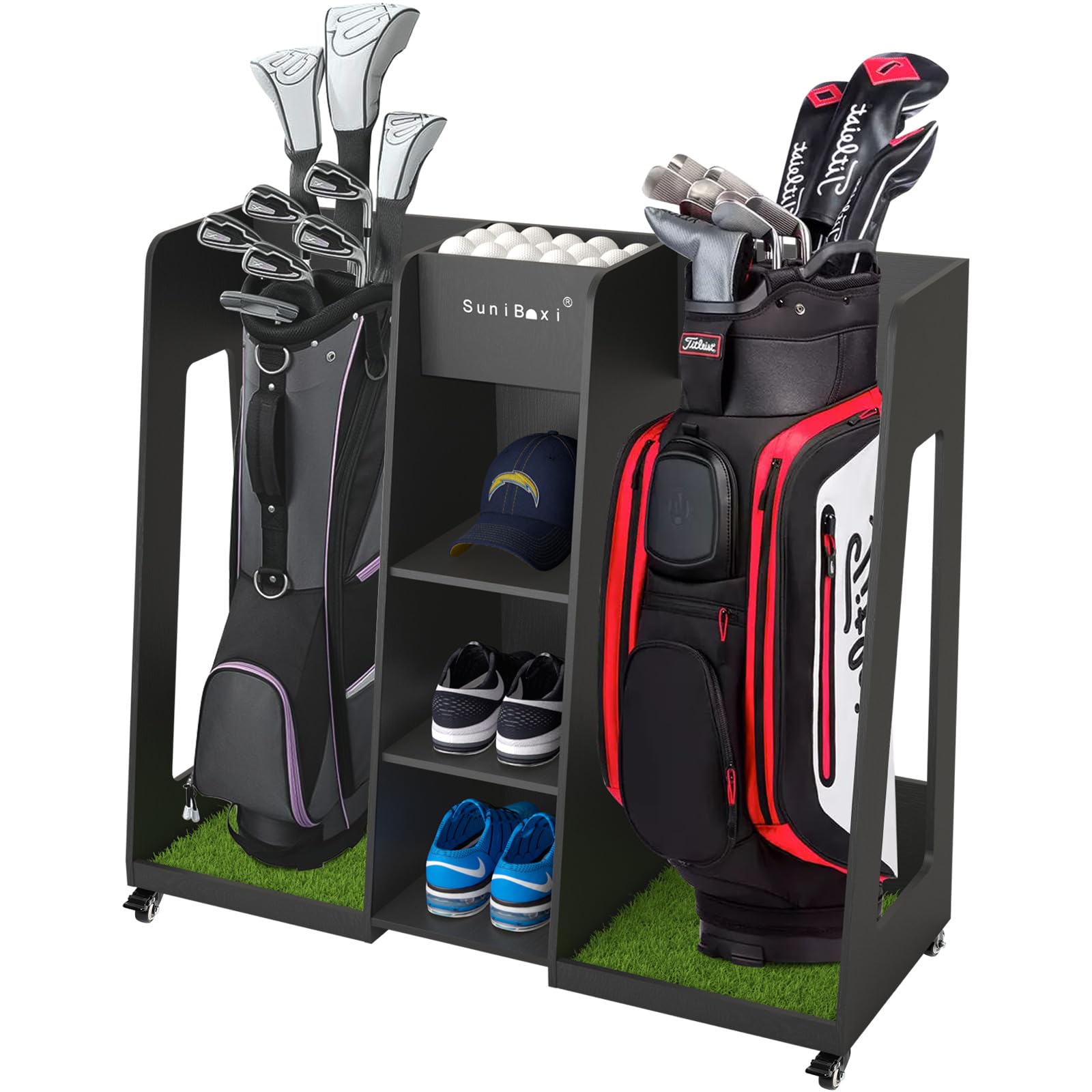 **4-Wheel Golf Bag Organizer Stand - Holds 2 XL Golf Club Bags & Accessories | Durable Storage Rack for Garage, Shed, Basement | Perfect Gift for Golfers | Indoor & Outdoor Use**    *(Use Case: Keep your golf bags, clubs, and gear neatly organized at home, in the garage, or at the course for easy access and clutter-free storage.)*