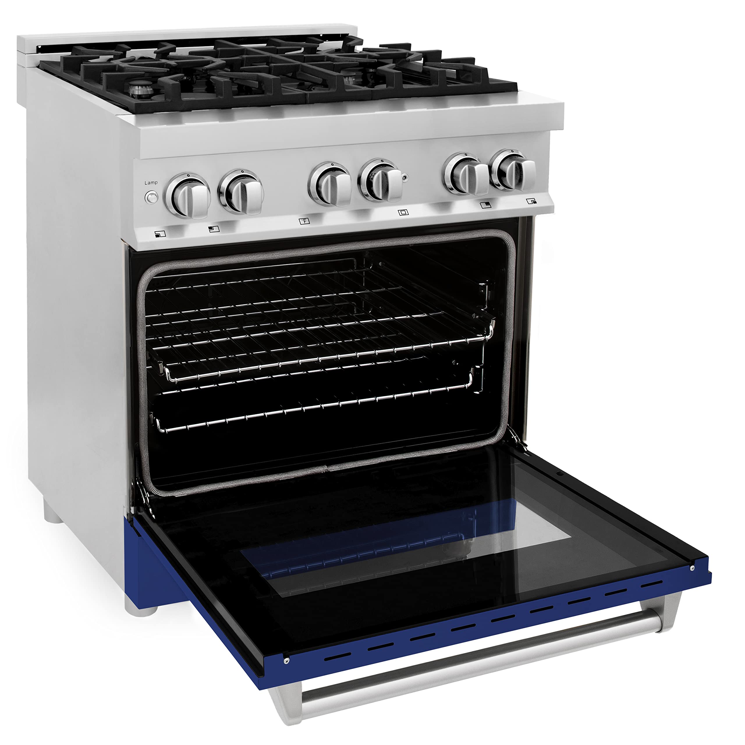 ZLINE 30 Inch 4.0 cu ft Stainless Steel Dual Fuel Range with Blue Gloss Door - 4 Burner Gas Cooktop & Electric Convection Oven for Professional Home Cooking | RA-BG-30 | Perfect for Modern Kitchens & Gourmet Chefs
