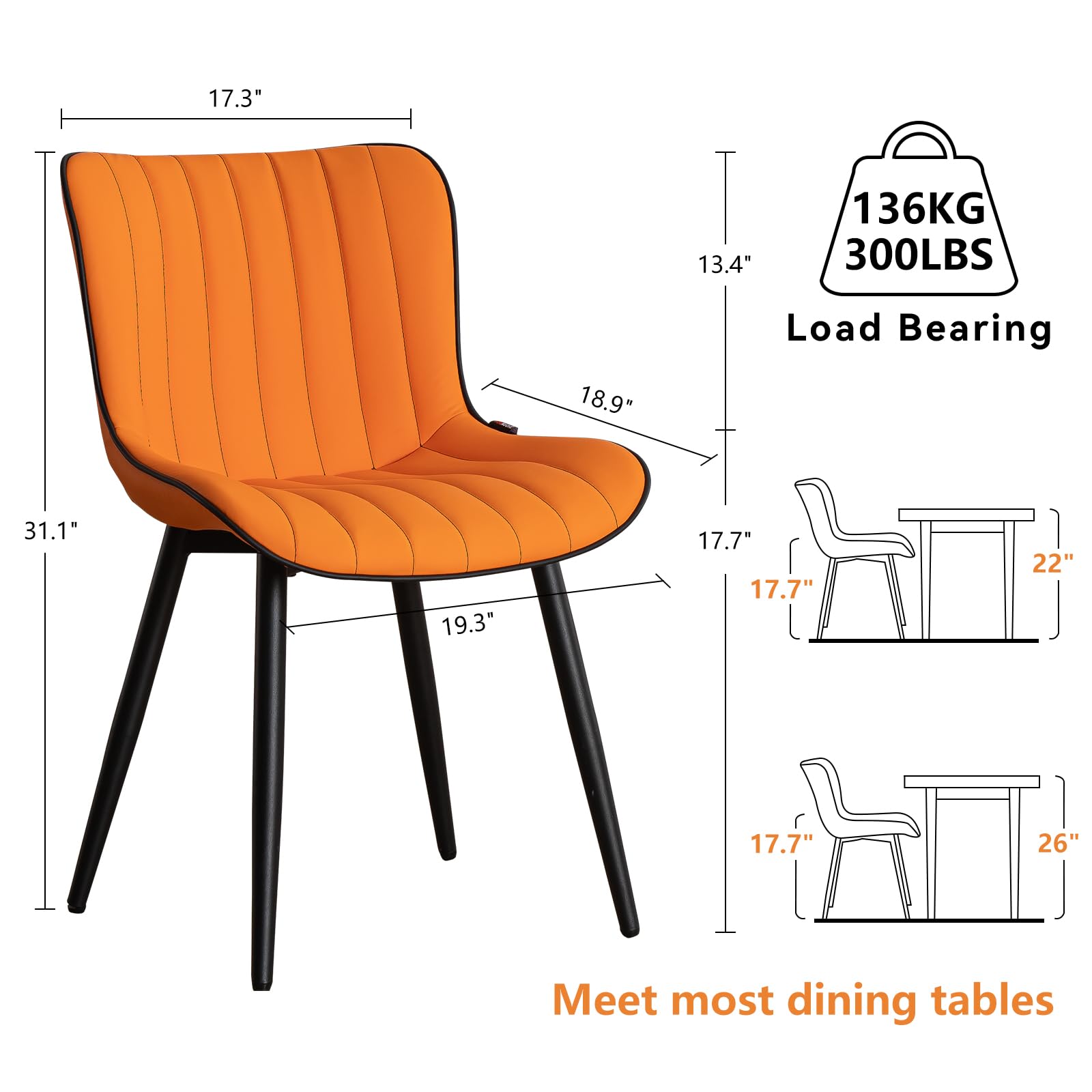 YOUNUOKE Mid Century Modern Dining Chairs Set of 2 - Orange Upholstered Armless Kitchen Chairs with Faux Leather & Metal Legs - Perfect for Dining Room, Kitchen, Living Room, Reception Area and Guest Bedroom