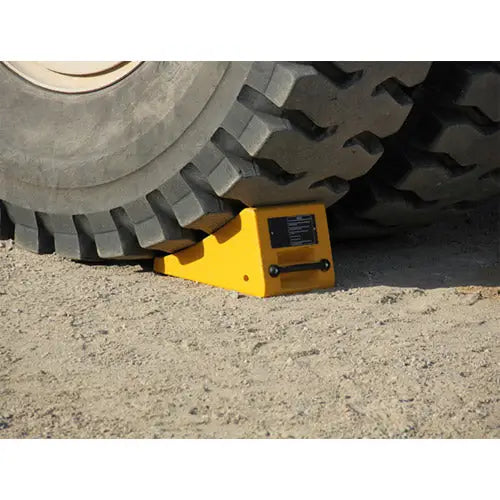 AME Yellow Polyurethane Wheel Chock with Handle for Trucks & Trailers (47-165 lbs Capacity) - Heavy Duty Vehicle Stabilization for Parking, Loading & RV Safety