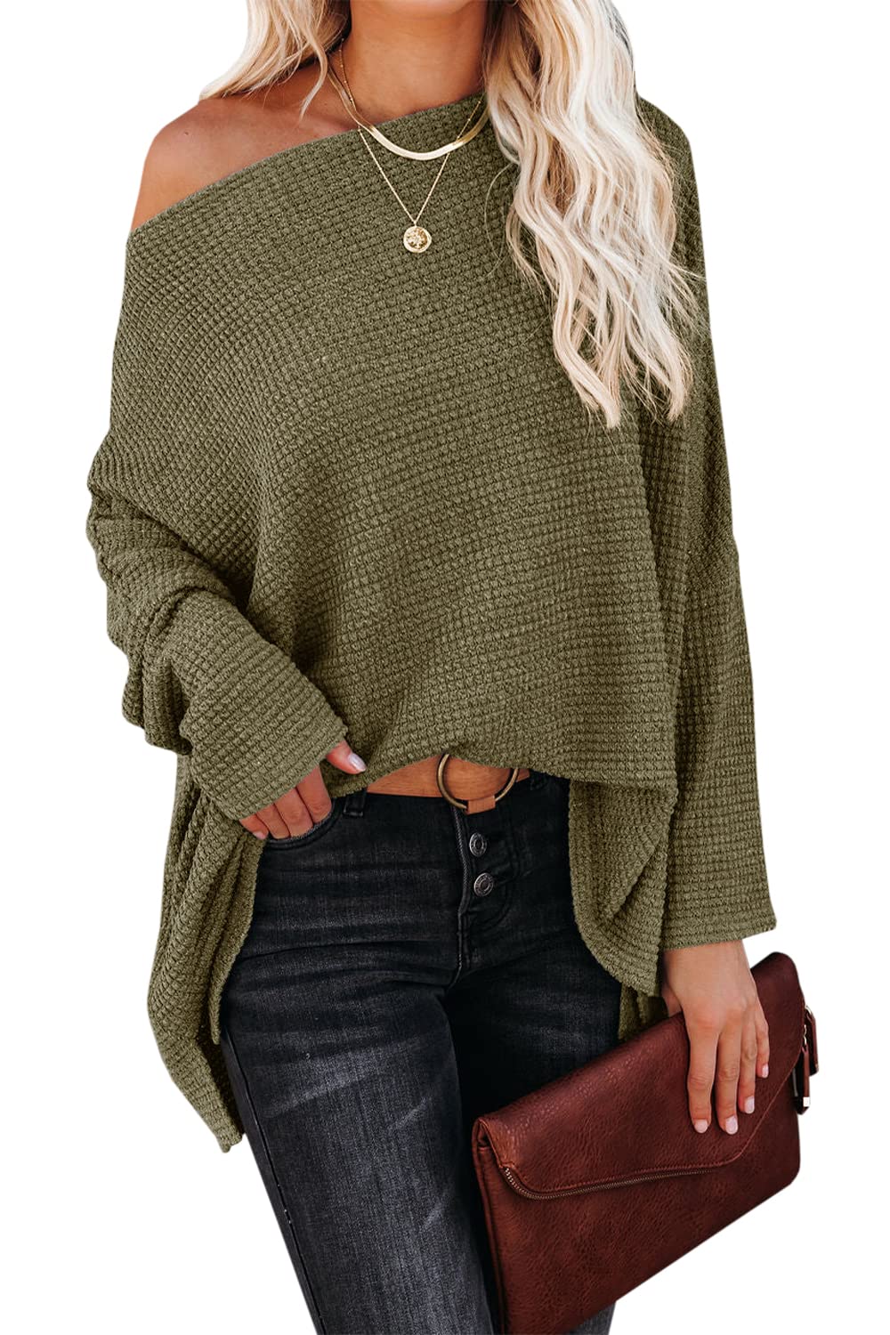 Kalssior Women's Oversized Waffle Knit One Shoulder Batwing Sleeve Pullover Tunic - Casual Loose Fit Sweatshirt for Lounge, Streetwear & Fall Fashion