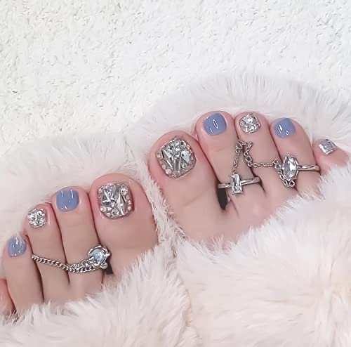 24Pcs Blue Glossy Acrylic Press On Toe Nails with Glitter Rhinestones - Full Cover False Toenails for Women & Girls - DIY Artificial Nails for Pedicure, Summer Beach Parties & Nail Art