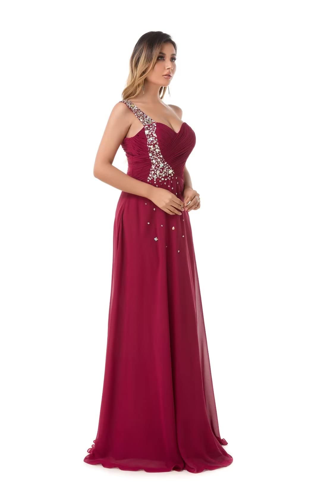 Elegant One Shoulder Chiffon Bridesmaid Dress with Crystal Beading - Long Formal Evening Gown for Weddings, Prom & Special Occasions