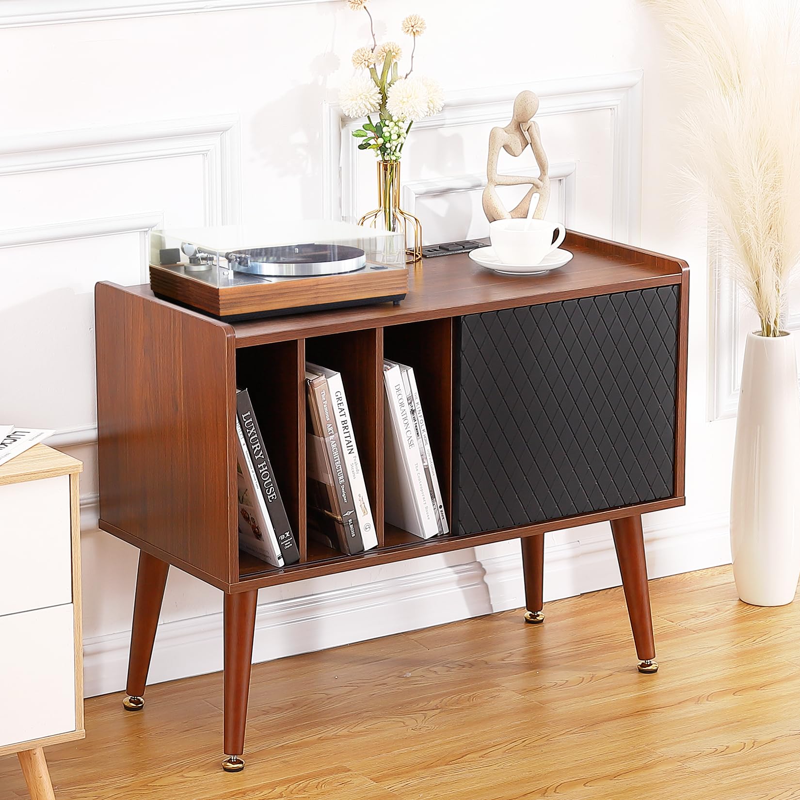 Garvee Vintage Record Player Stand with Charging Station & USB Ports - Large Vinyl Storage Cabinet Holds 300+ Albums, Turntable Stand with End Table Design - Perfect for Living Room, Home Theater & Music Studio (Brown)