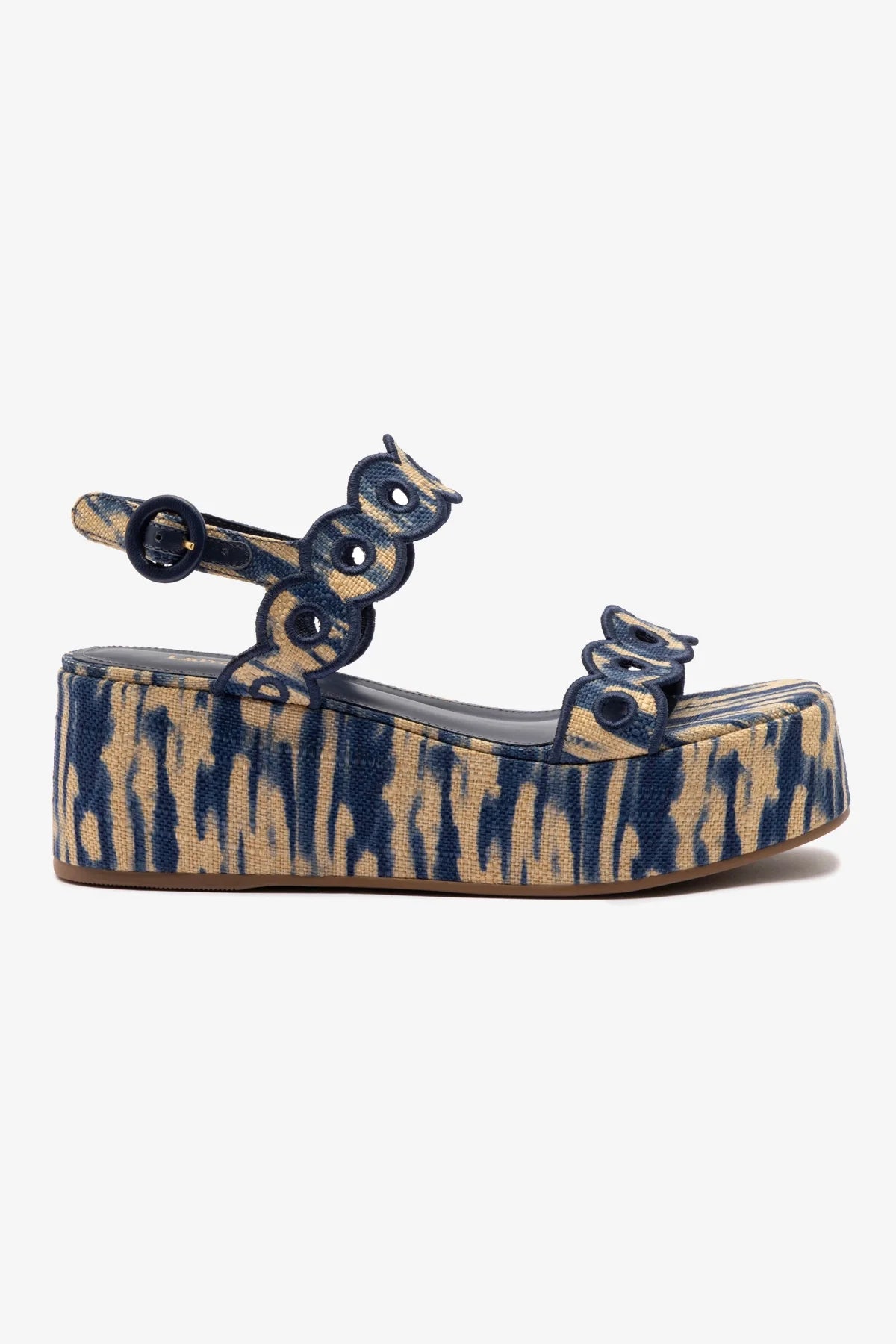 Florence Broderie Flatform Sandal - Tie Dye Beige and Navy Raffia Slides for Women | Comfortable Summer Beach Shoes | Perfect for Vacation, Poolside, and Casual Outings