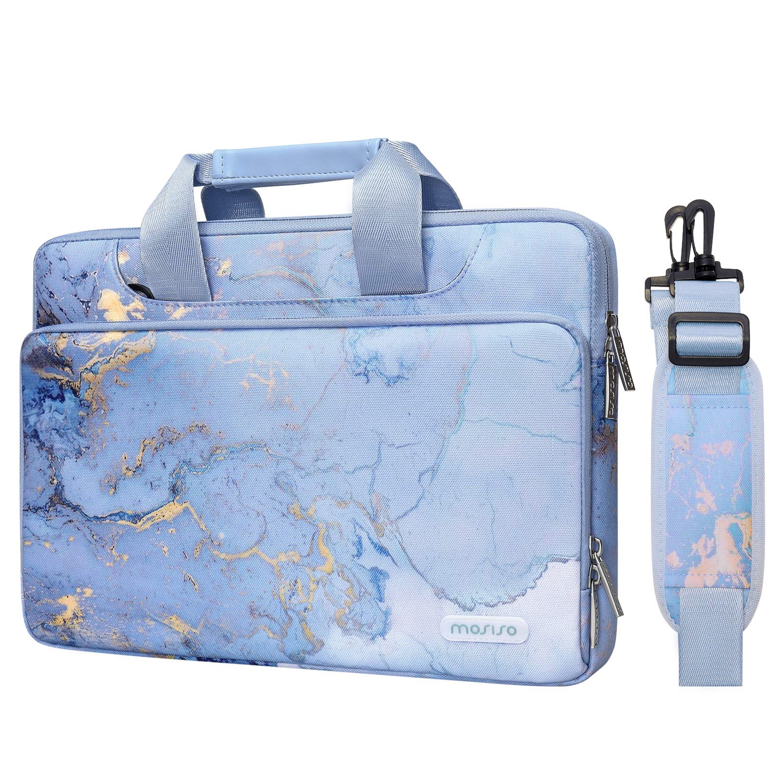 MOSISO 360 Protective Laptop Shoulder Bag for MacBook Air/Pro 13-13.3 inch & MacBook Pro 14 2021-2023 (M1/M2 Models) - Watercolor Marble Design with Adjustable Belt - Perfect for Work, Travel & College (Blue)