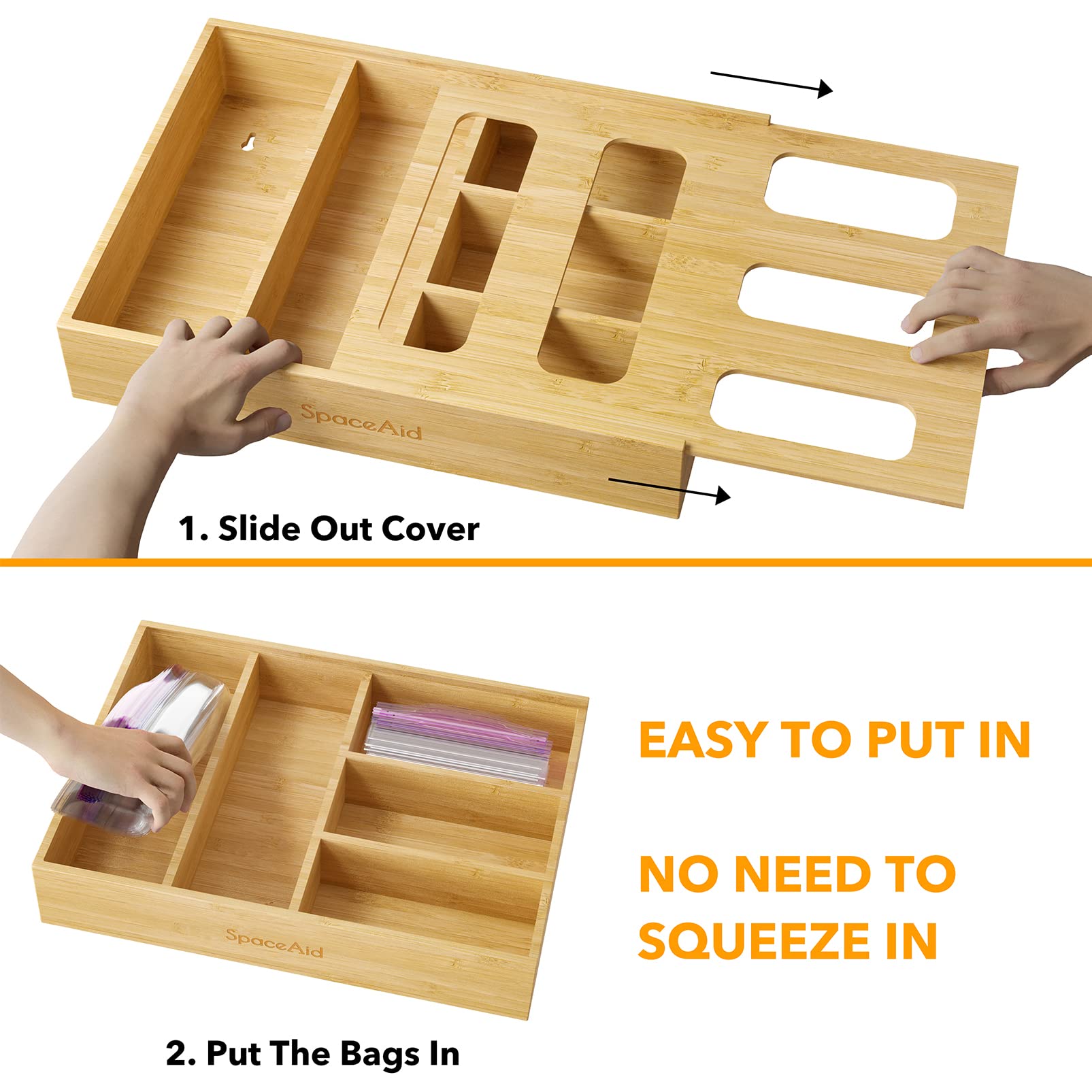 SpaceAid Bamboo Drawer Organizer for Kitchen - 5-Slot Storage Box for Gallon, Quart, Sandwich & Snack Bags | Perfect for Pantry Organization & Food Storage
