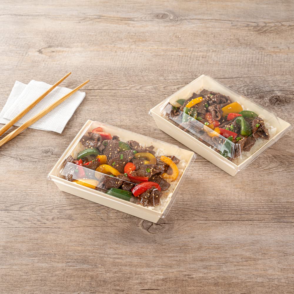 Restaurantware 100-Pack Clear Plastic Rectangle Lids 6.8 x 5.3 x 1.4 Inch - Fits 20oz Wooden Takeout Containers (Containers Sold Separately) | Perfect for Food Delivery, Catering & Meal Prep