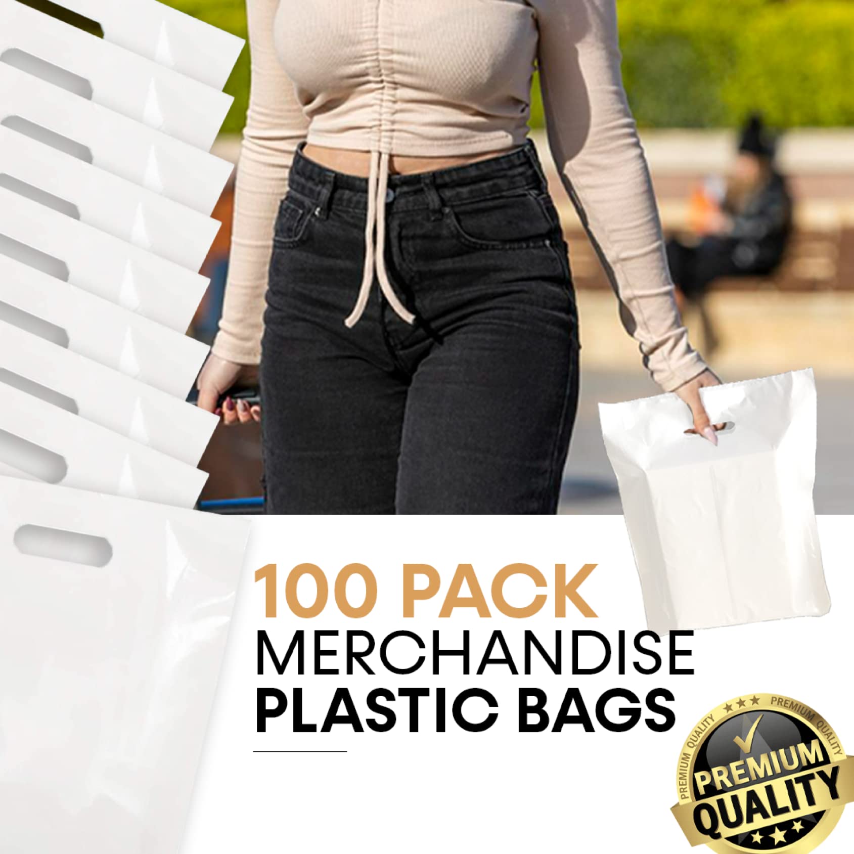 100 Pack Black & White Recyclable Plastic Retail Bags - 15